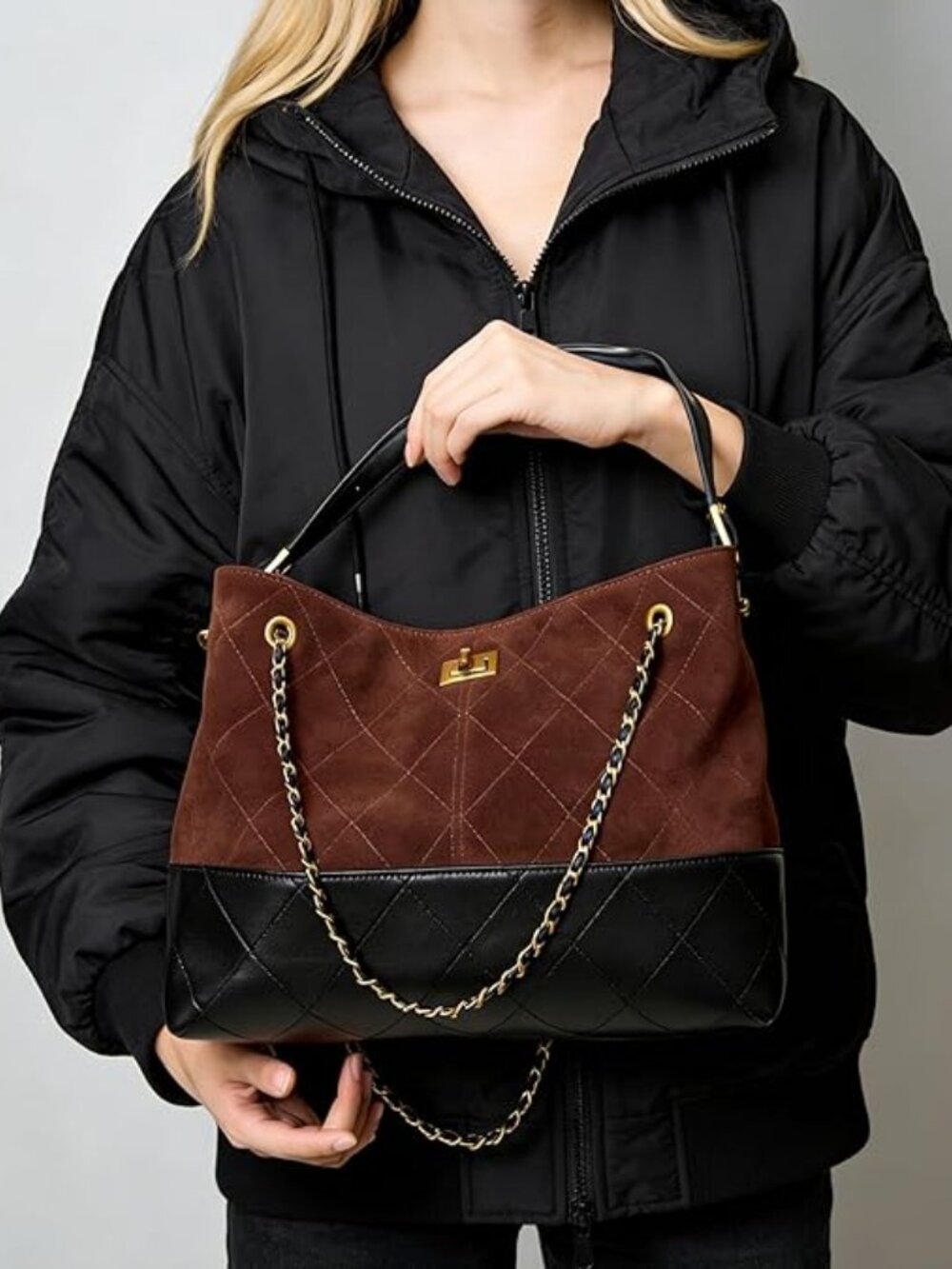 Soft Genuine Lambskin Suede Quilted Shoulder Bag Gold Chain Top Handle Carryall